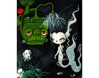 Frankenstein & Mermaid Art Print: Spooky Pop Surreal Wall Decor