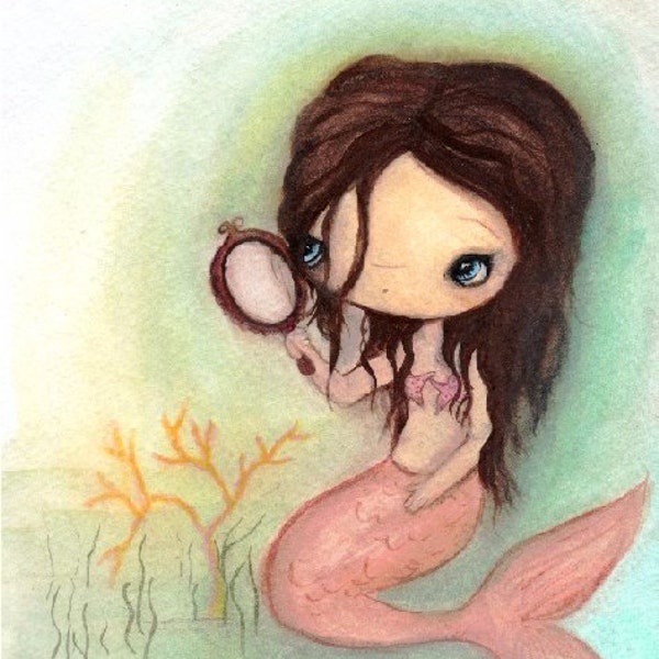 Mermaid Print Pretty Girl Cute Nautical Wall Art--- Mermaid In The Mirror