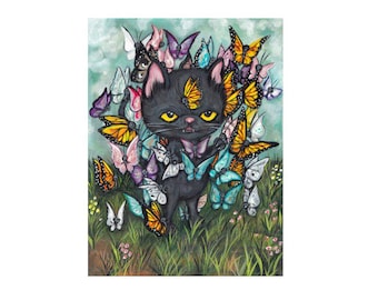 Estampado de gato, estampado de gato negro, estampado de animales, arte de mariposas, decoración de pared de 8 x 10