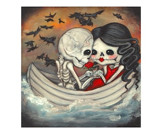 spooky print skeleton couple Love Boat nautical prints beach print 8 x 8  wall decor