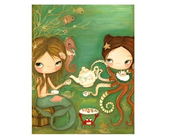 mermaid print octopus art pop surrealism prints  8 x 10 wall decor Tea under the sea
