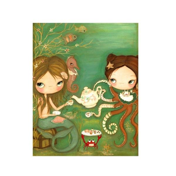 mermaid print octopus art pop surrealism prints  8 x 10 wall decor Tea under the sea