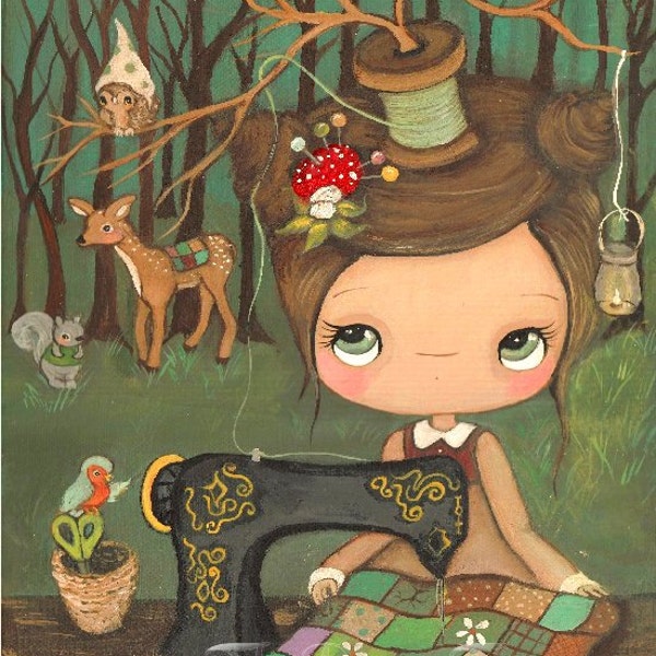 Seamstress Print Animal Critter Forest Girl Hedgehog, Bird, Squirrel, Deer, Owl---The Forest Seamstress