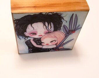 Edward and Kim print art on cedar wood cute scissorhands pop surrealism print  6 x 6