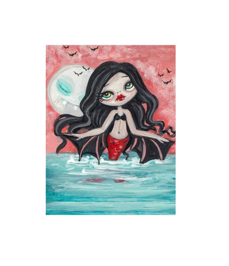 Vampire print surreal art spooky vampire mermaid prints nautical bat art 8 x 10 wall decor image 2