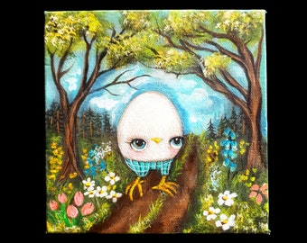 egg painting chicken art original painting pop surrealism wall decor 6 x 6 cute eggies with leggies spring forest