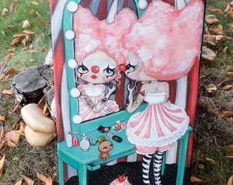 Cotton candy painting carnival girl art gingerbread cupcake  spooky tattooed lady pop surrealism art decor original painting 10 x 20