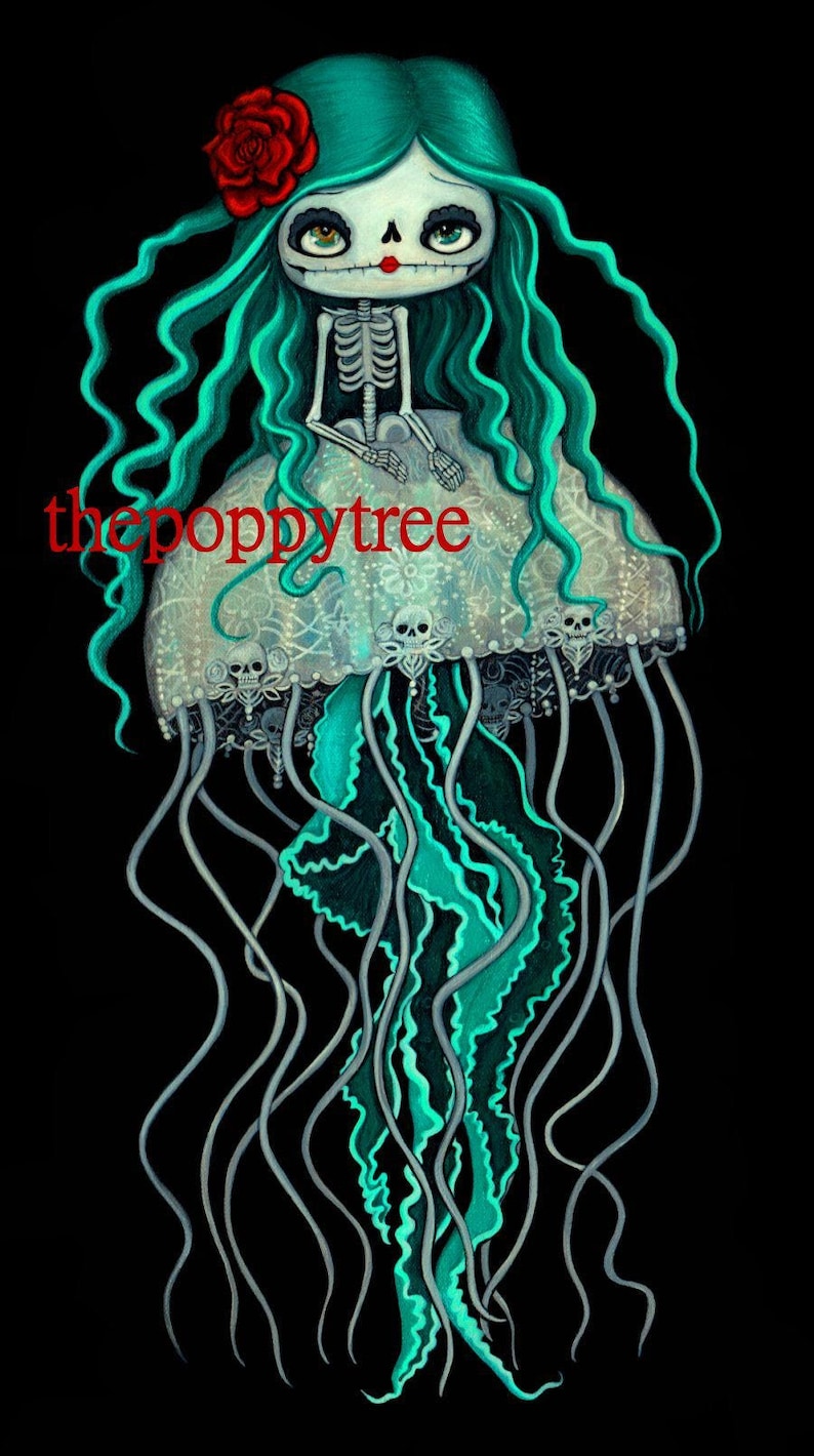 May include: A teal blue skeleton with a red flower in its hair sits atop a jellyfish with a lace-like bell and tentacles. The jellyfish is against a black background. The text "thepoppytree" is in the lower left corner of the image.