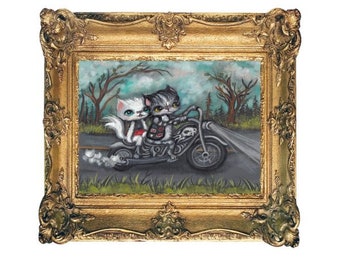 Cat print biker cats art print goth cute kitty couple riding felines 8 x 10 wall decor