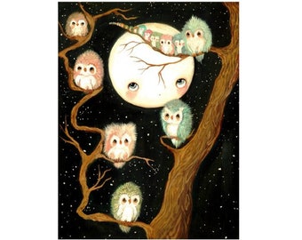 owl prints story time art nursery room decor cute fuzzy owls moon print 11 x 14