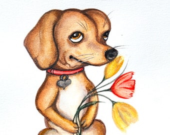 Dachshund painting cute Weiner dog watercolor sausage dog art wall decor spring flower puppy portrait original painting doggy art canine