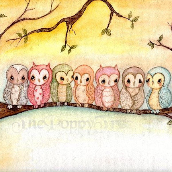 Owl Print Bird Tree Colorful Children Wall Art---Owls