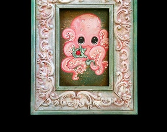 Pink octopus painting nautical tea art cute wall decor pop surrealism squid ornate  framed original painting 4 x 6