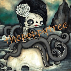 May include: A skeletal figure with a white rose in her hair sits atop a skull, surrounded by the tentacles of a large octopus. The figure has a sugar skull face with black eyes and red lips. The background is a dark blue and green ocean scene with a rocky island in the distance.