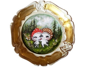 Mushroom art painting cute couple mini art plate vintage frame painting