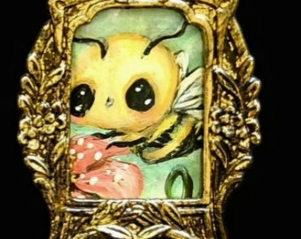 Bee painting mini dollhouse decor bee portait pollinators surrealism bug art flower Framed Wall Art Original Painting