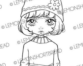 Sello digital Beanie Girl, Digi Otoño Otoño Invierno, Página para colorear imprimible, Navidad, Arte de ojos grandes, Descargar