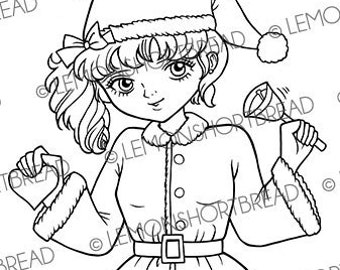 Digital Stamp Christmas Jingle Bells Girl, Digi Stamps, Santa Image, Instant Download, Coloring Page, Anime Art Scrapbooking, Winter Holiday