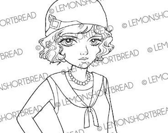 Digital Stamp Sassy Flapper Girl, Digi Coloring Page, Art Deco Vintage Summer Fashion, Anime Line Art Download