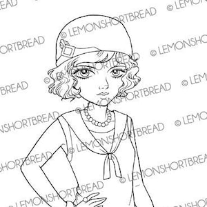 May include: A black and white line drawing of a woman wearing a cloche hat, a sailor-style dress, and a pearl necklace. She is standing with her hand on her hip.