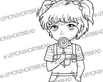 Digital Stamp Lollipop Girl with Dog, Digi Download, Children Kids Coloring Page, Puppy Pet Summer