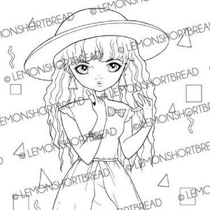 Digital Stamp 80s Fashion Girl with Lipstick, Digi Printable Coloring Page, 1980s Retro Anime Art, Download