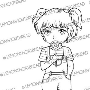 Digital Stamp Lollipop Girl with Dog, Digi Download, Children Kids Coloring Page, Puppy Pet Summer image 1