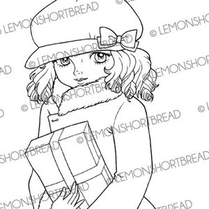 Digital Stamp Winter Package Gift, Digi Christmas Birthday Present Girl, Printable Coloring Page, Line Art Crafting Download image 2
