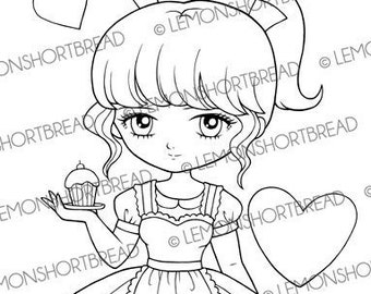 Digital Stamp Baking Love Cupcake Girl, Digi Valentine's Day, Coloring Page, Hearts, Desserts Pastry, Download