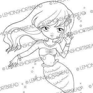 Digital Stamp Mermaid Waving, Digi Fantasy Girl, Coloring Page Fairytales, Big Eyed Clip Art, Télécharger image 1