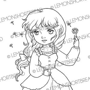 May include: A black and white line drawing of a young girl in a long dress with a ruffled hem. She is holding a dandelion in her hand and blowing on it. There are other dandelions in the background.