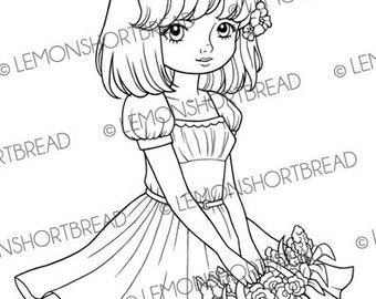 Digital Stamps Basket of Flowers Girl, Digi Coloring Page, Floral Spring Summer Garden, Card Making, Instant Download