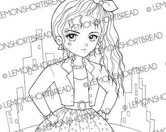 Digitale Postzegel 80s Fashion City Girl, Digi Adult Kleurplaat, Anime 1980s Retro Stijl, Afdrukbare Download