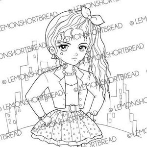 Digital Stamp 80s Fashion City Girl, Digi Adult Coloring Page, Anime 1980s Retro Style, Printable Download image 1