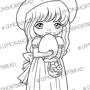 Easter Egg Digital Digi Stamp Download, Girl Basket Eggs, Coloring Page, Scrapbooking Clip Art Graphic, Children's Craft image 2