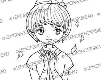 Digital Stamp Autumn Leaves in Hand Girl, Digi Fall Coloring Page, Mod Retro Anime Art Illustration, Download