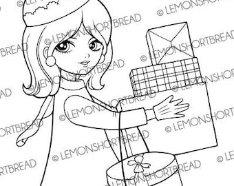 Digital Stamp Shopping Mod Girl, Digi Dibujo para colorear, Regalos de Navidad de Invierno, Arte de Estilo Retro, Descargar