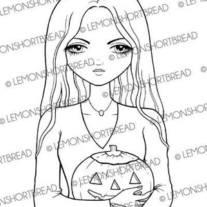 May include: Line art illustration of a person holding a carved pumpkin. The person has long wavy hair and is wearing a long-sleeved top and a necklace. The pumpkin has triangular eyes and a smiling mouth.