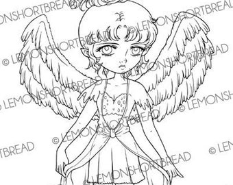 Digital Stamp Engel Flügel Fee, Digi Coloring Page, Fantasy Anime Girl, Scrapbooking Line Art, Download