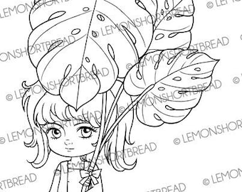 Digital Stamp Tropical Monstera Leaves Girl, Digi Coloring Page, Summer Leaf, Fantasy Garden, Clip Art Image Download