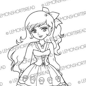 Digital Stamp Skull Dress Girl, Digi Halloween Witch, Gothic Lolita, Fantasy Coloring Page, Clip Art Download image 1