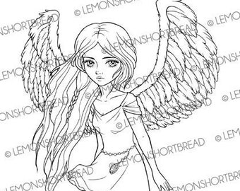 Digital Stamp Angel Wings Fairy, Mini Dress, Digi Coloring Page, Fantasy Anime Girl, Line Art, Download