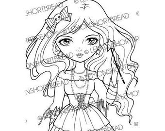 Digital Stamp Star Wand, Digi Halloween Witch Fantasy, Ausmalseite, Goth Girl, Clip Art Download