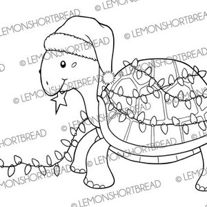 May include: A black and white line drawing of a turtle wearing a Santa hat and a string of Christmas lights around its shell.