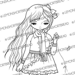 Digital Stamp Stringing Autumn Leaves Girl, Digi Printable Coloring Page, Fall Children Kids, Anime Art, Download