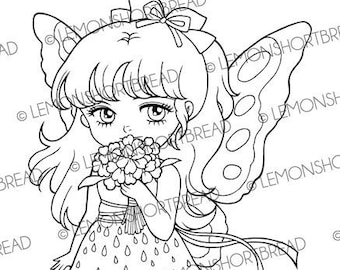 Digital Stamp Bouquet for You Fairy, Digi Coloring Page, Fantasy Anime Art, Flower Download