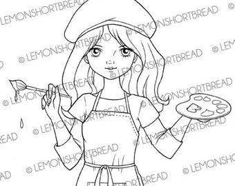 Digital Stamp Painter Girl Artist Palette, Digi Download, For You Best Wishes, Image Line Art Coloring Page