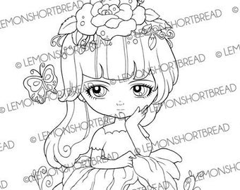 Digital Stamp Butterfly Lily Pad Fairy, Digi Adult Coloring Page, Fantasy Anime Art, Pixie Flowers, Printable Download