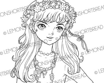 Digital Stamp Flower Power Girl, Digi Coloring Page Download, Summer Spring, 60s Hippie Retro Style, Scrapbooking