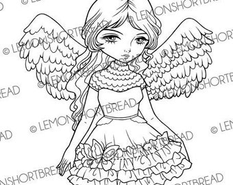 Sello digital Angel Wings Fairy, Digi Dibujo para colorear, Fantasy Girl, Anime Art, Line Art, Descarga instantánea